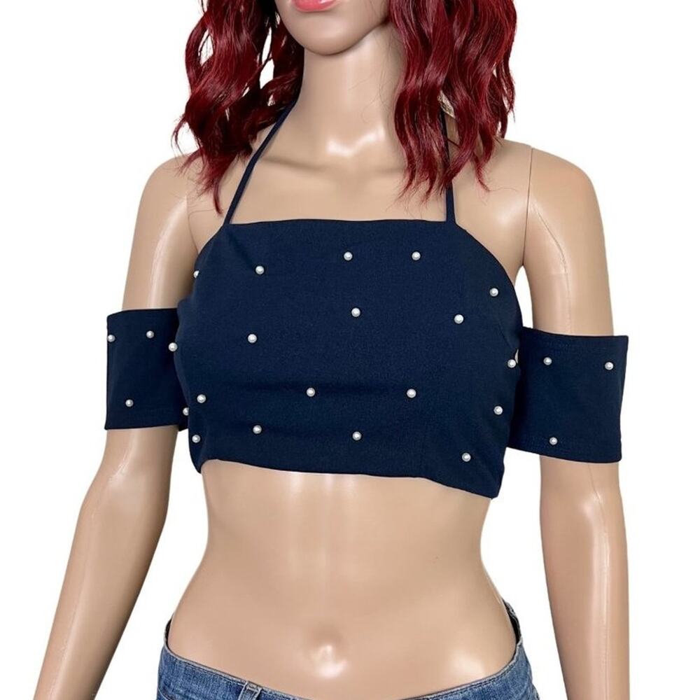 Miss Avenue Off The Shoulder Crop Top with Pearls Medium Dark Blue